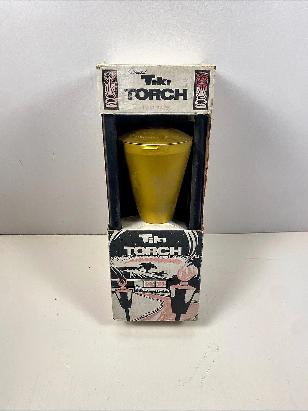 Vintage Set Of 2 Tiki Torches In Original Box One Has Been Lite